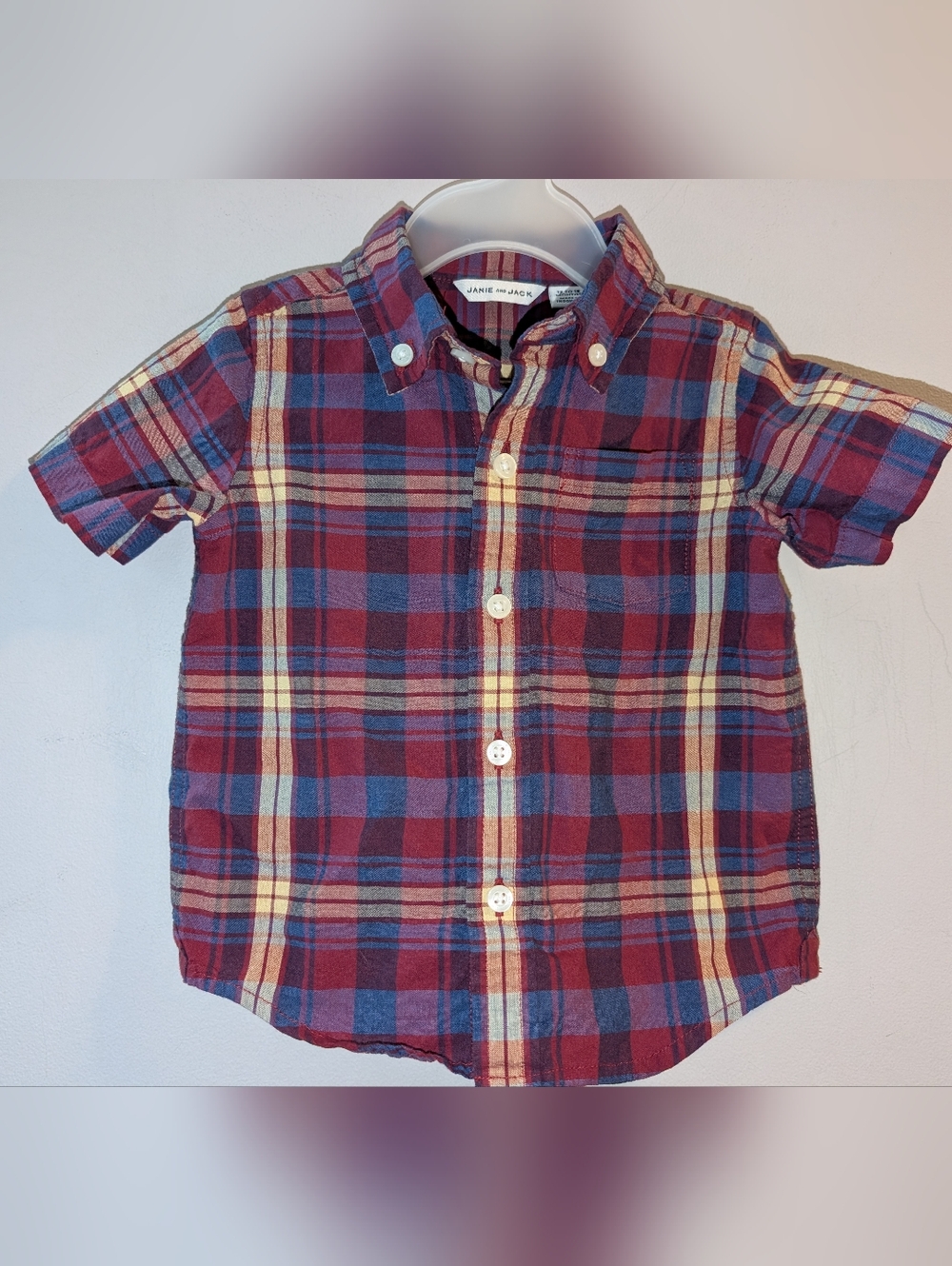 Janie and Jack Navy Burgundy Plaid Short Sleeve Button-Down Shirt Toddler Boys